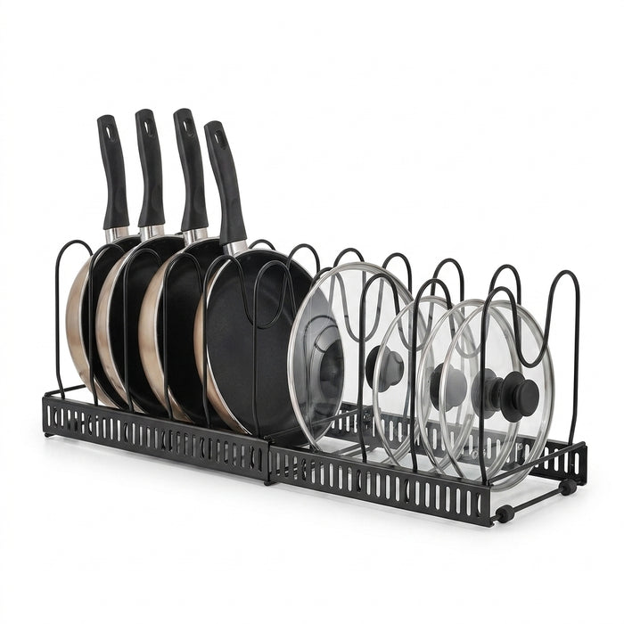 Expandable Pan & Lid Organiser Rack – 10 Adjustable Dividers, 2 Metal Frames