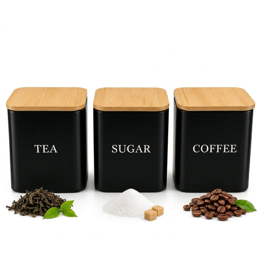 3-Piece Square Kitchen Canisters with Bamboo Lids for Coffee, Tea & Sugar